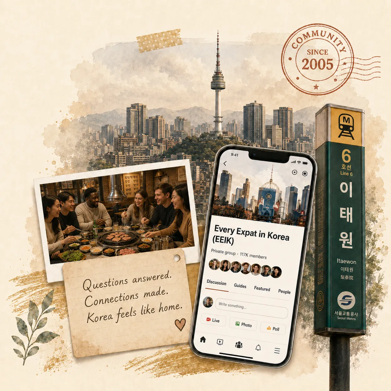 EEIK community collage: expats in Seoul, Facebook group screenshot, Namsan Tower, and community stamp