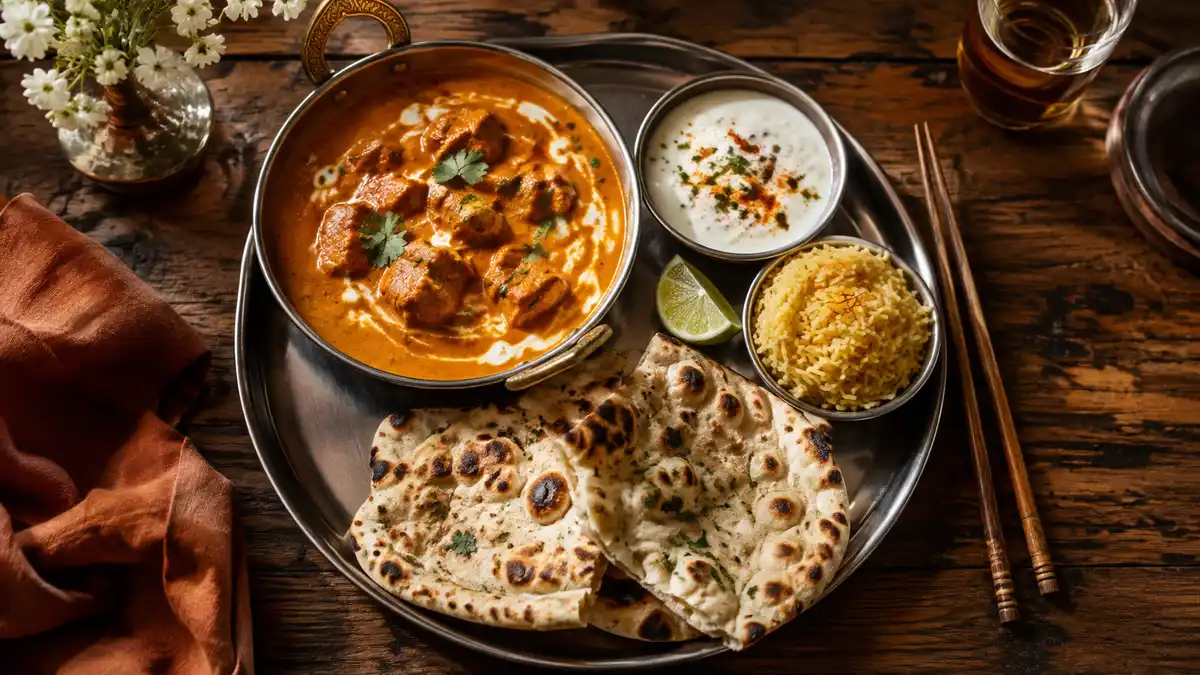 A steel thali plate with butter chicken curry, naan, raita, and saffron rice
