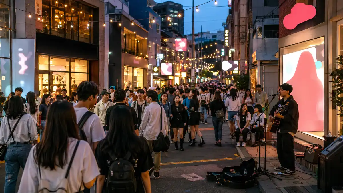 Hongdae street nightlife and market scene in Seoul